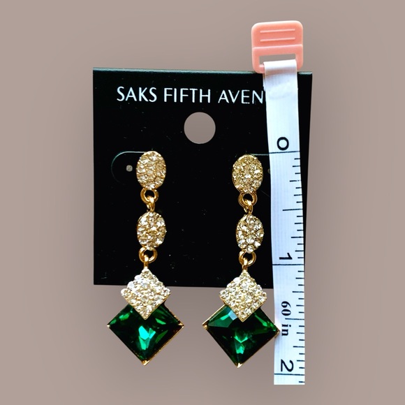 Saks Fifth Avenue Gold, Crystal, & Emerald Green Earrings - Picture 3 of 3